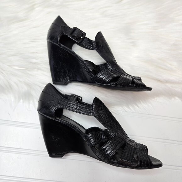 Franco Sarto Women's Size 7 M Black Leather Wedge Sandals Heels Peep Toe Buckle - Picture 3 of 11